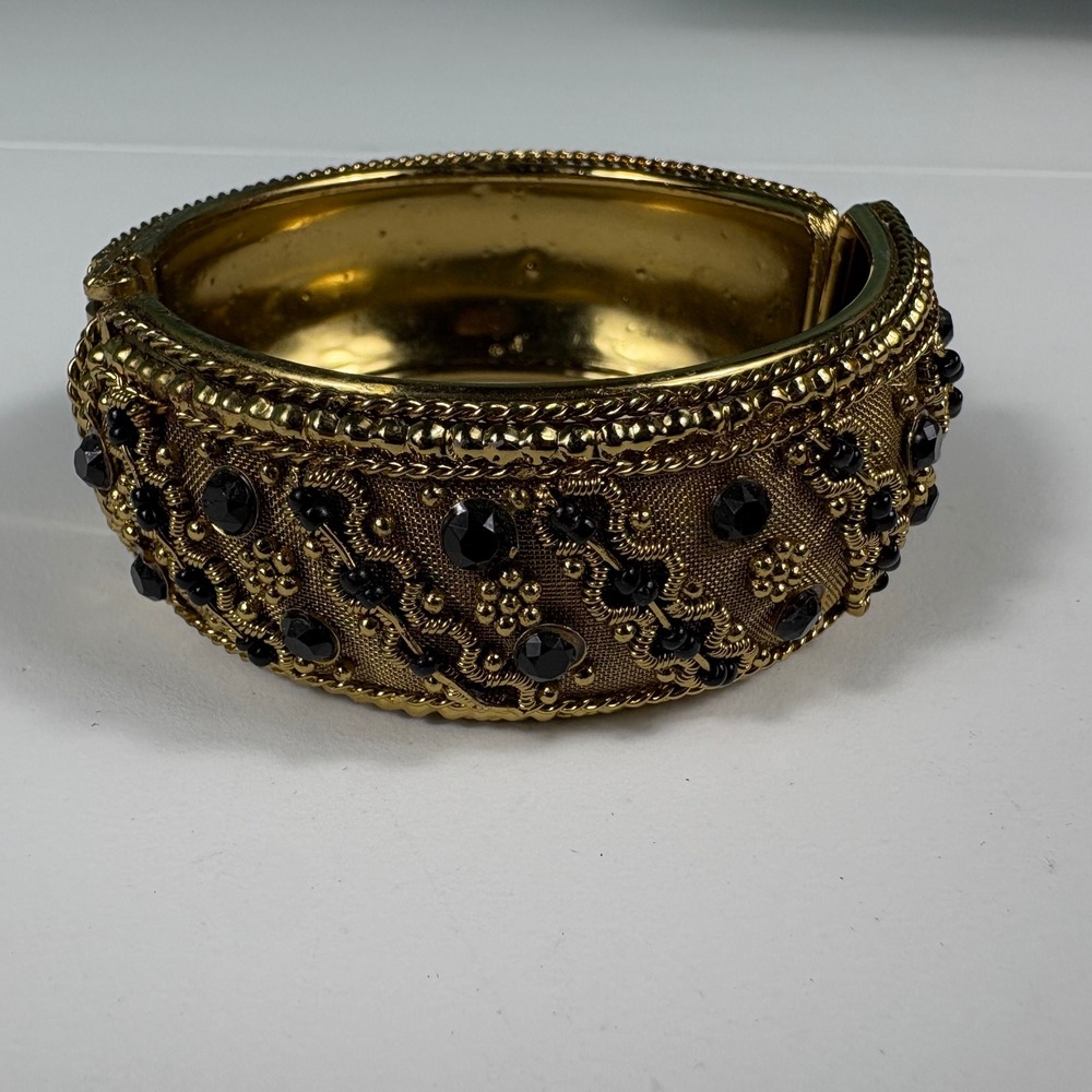 Vintage Style‎ Gold Tone Hinged Bangle Black Rhinestone Statement Bracelet